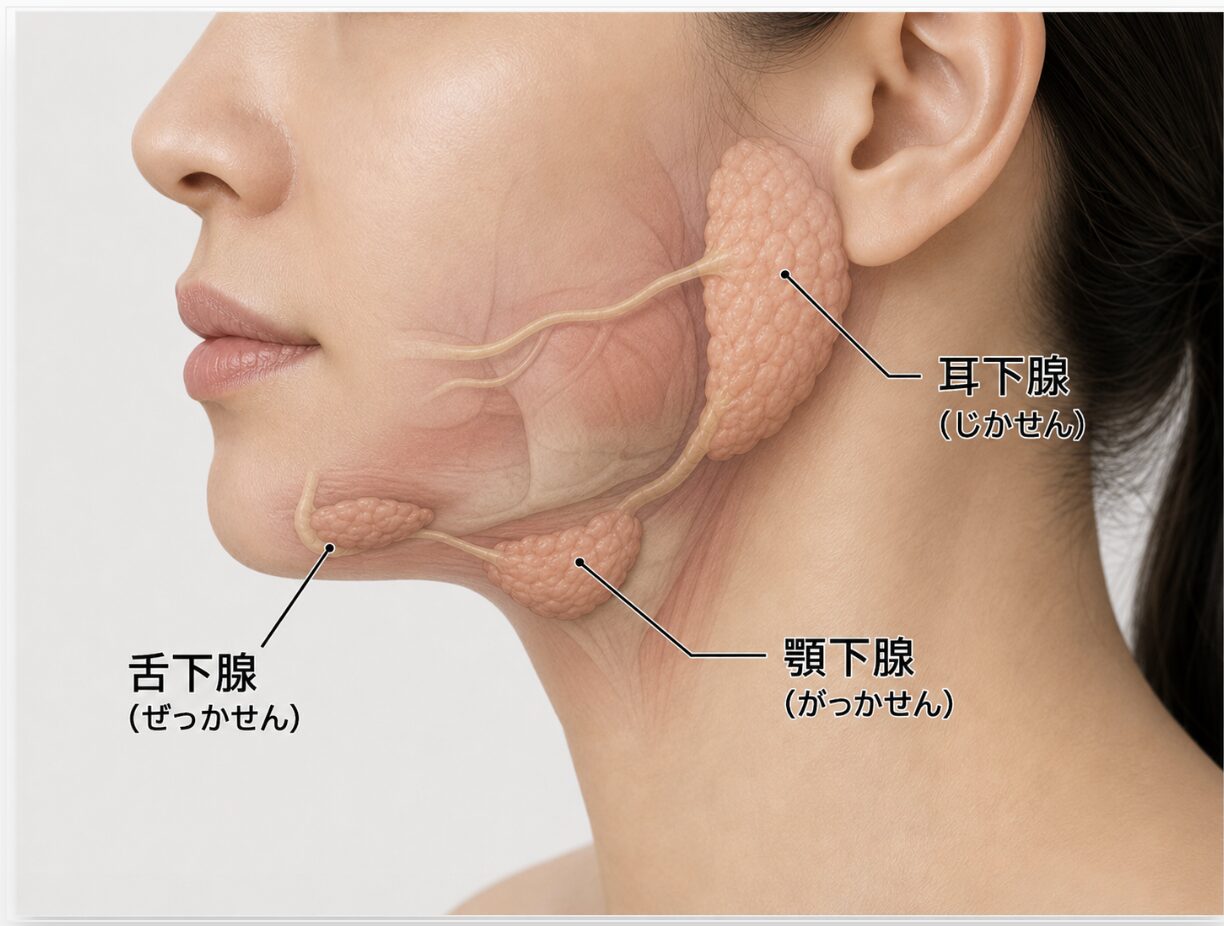 過食嘔吐で耳下腺が腫れる仕組みを示す唾液腺解剖図（耳下腺・顎下腺・舌下腺）